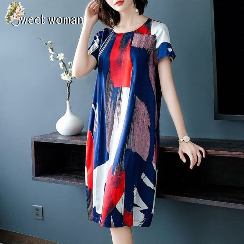 【SW】Middle-aged ice silk skirt women's loose casual short-sleeved round neck dress in long and large size