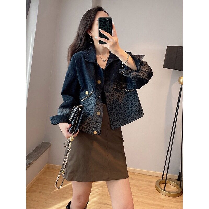 Spring Black Retro Leopard Denim Jacket Women's Fashion Short Jacket