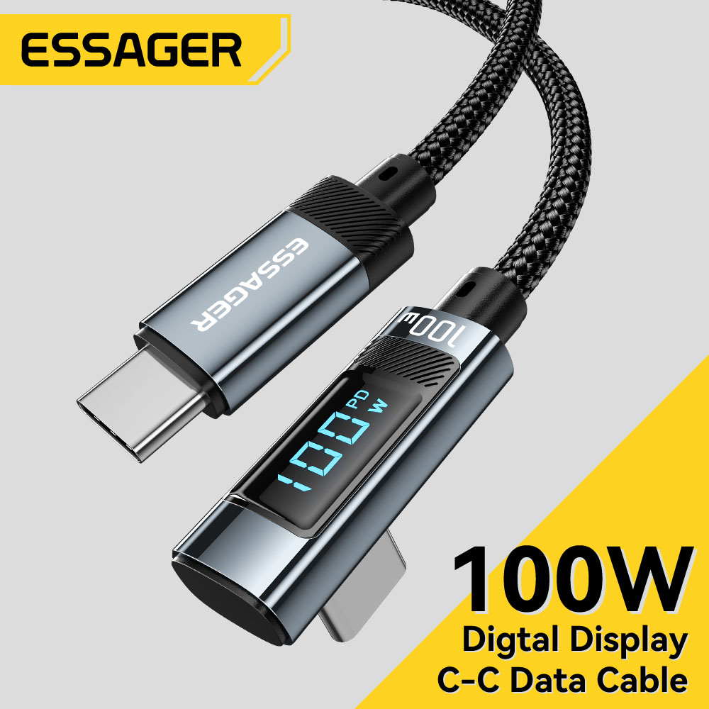 Essager Pd 100W Loại C Để Loại C Cáp Khuỷu Tay Màn hình hiển thị kỹ thuật số USB2.0 USBC Nhanh Chóng Sạc Điện Thoại Di Động Dữ Liệu Dây Cho Máy Tính Xách Tay Xiaomi cá mập đen điện thoại di động