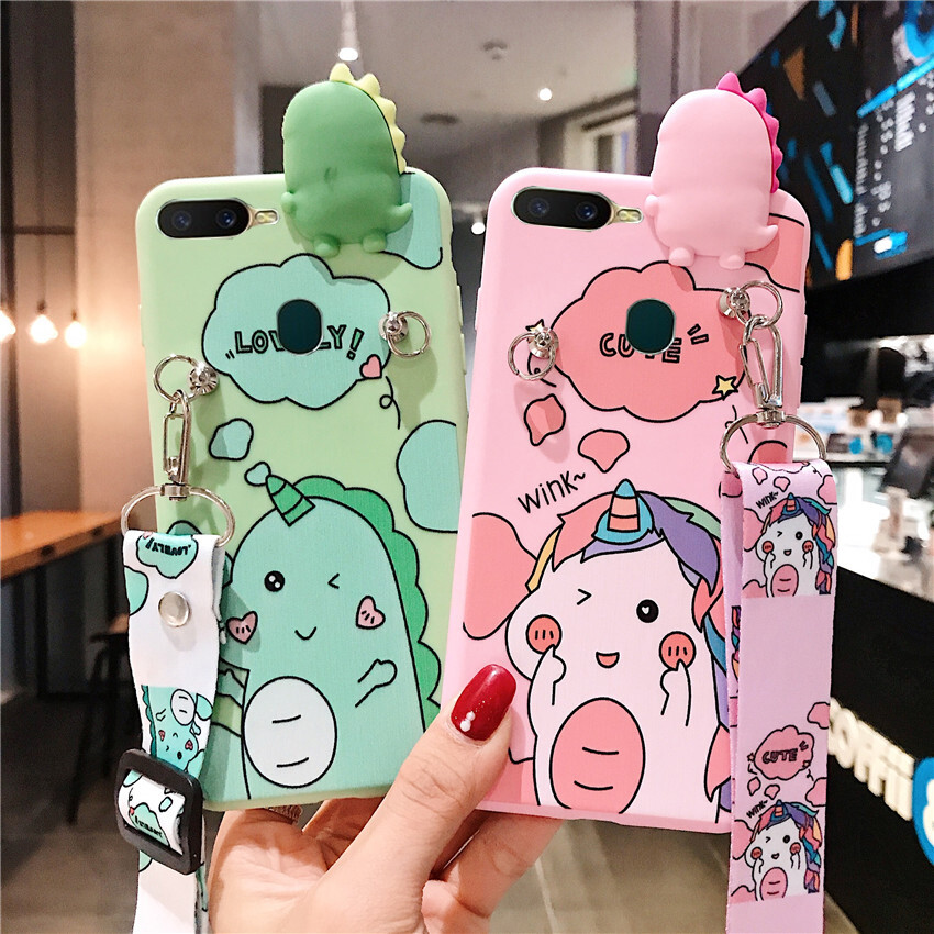 For OPPO A12 A5s A7 A57 2022 A76 A16s A74 4G A11K A96 4G A95 4G A55 A54 A16 A15 A15S A31 Realme 9i 4G Dinosaur Unicorn Phone Case Silicone Soft Case With Long Lanyard Crossbody Bag