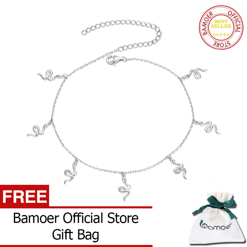 BAMOER Real 925 Sterling Silver Snake Pendant Anklet Simple Chain Foot Jewelry for Women Platinum Plated Summer Trendy Jewelry BST005