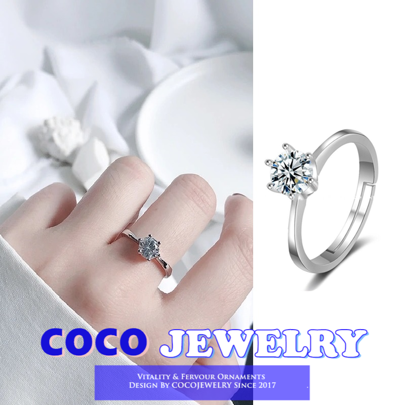 Korean Fashion Six-claw Inlaid Zircon Open Ring for Women Girls Exquisite Engagement Gift