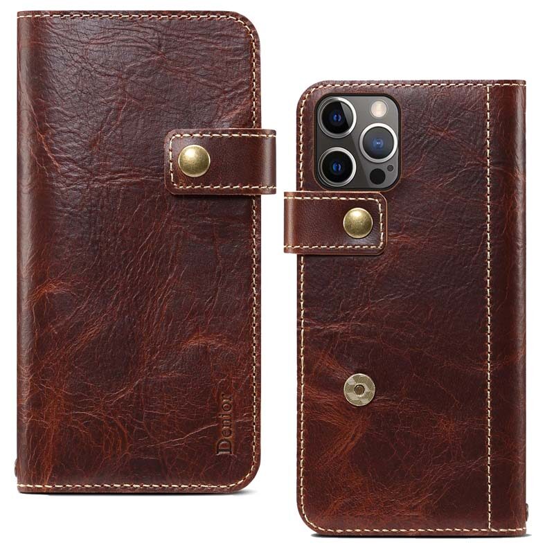 Genuine Leather Case for iPhone 13 Pro Max iPhone13 Mini Wallet Cover with Hand Strap