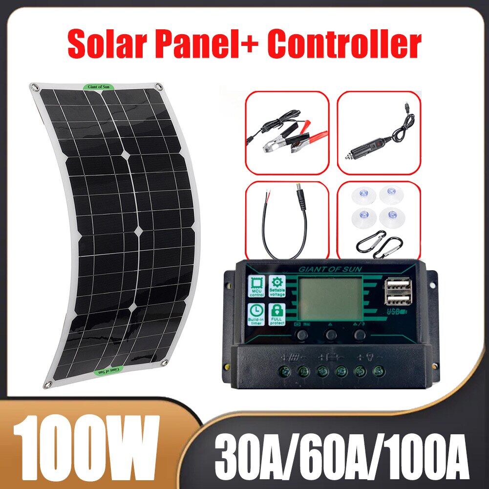 Bộ Tấm Pin Năng Lượng Mặt Trời 12/24V 100W Đơn Tinh Thể Với Bộ Điều Khiển 30A/60A/100A Đầu Ra USB Kép Cho Ô Tô/Thuyền Tấm Pin Năng Lượng Mặt Trời Chống Nước