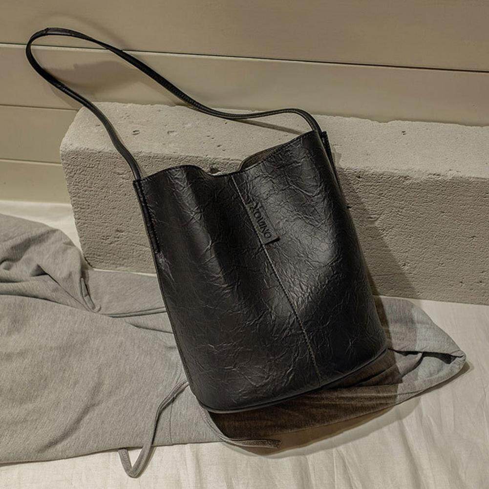 [Pinfect] Fashion Women OL Office Elegant Simple Shoulder Crossbody Bag PU Leather Vintage Bucket Totes Ladies Retro Travel Shopping Handbag