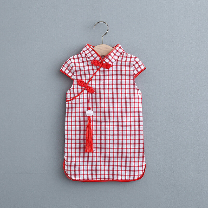 Baby Girl Dress Qipao Summer Cotton Chinese Style Qipao Dress For Baby Kids Cute Plaid Short Sleeved Hanfu Dress For Kids Girls