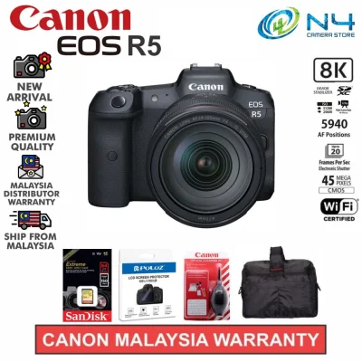 Canon EOS R5 Mirrorless Digital Camera With Lens RF 24-105mm F4 L IS USM +64gb Ext Card + Screen Protector + Cleaning Kit + Shoulder Bag (Original Canon Warranty)