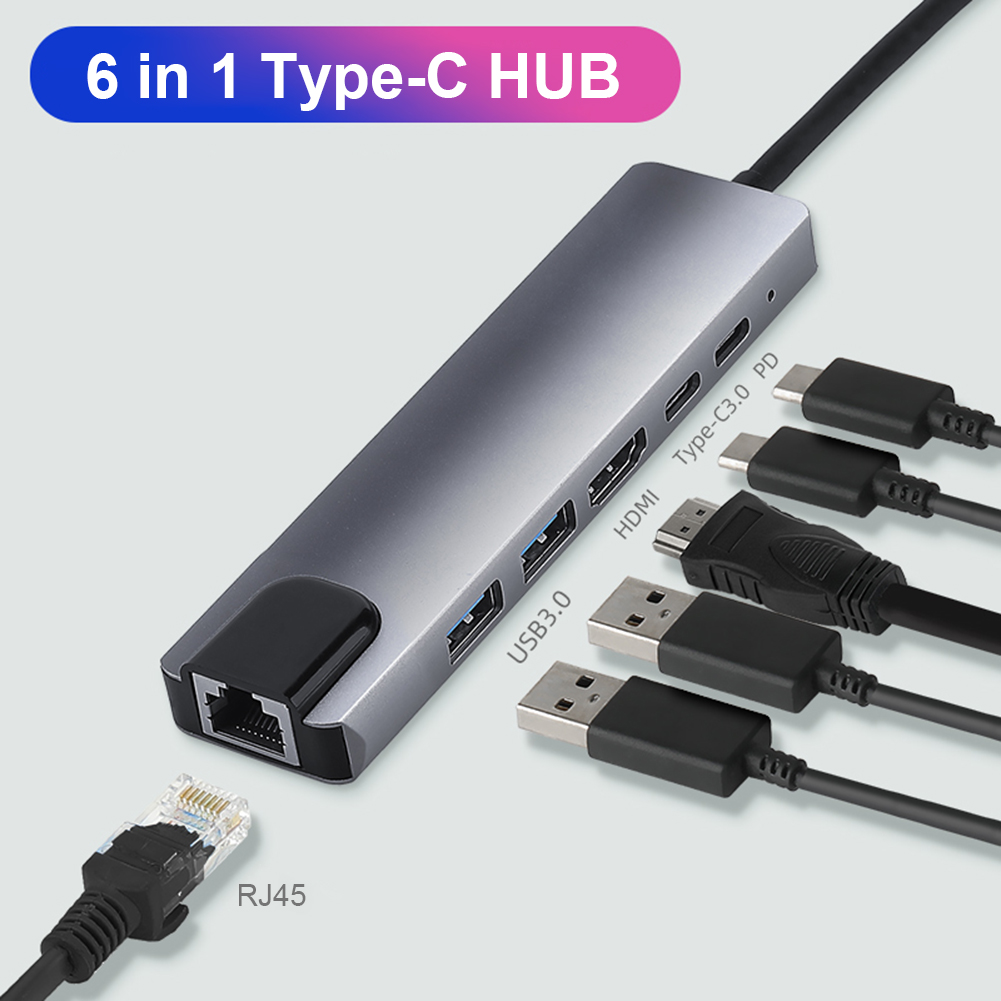 6 in 1 USB C HUB Docking 2 USB 3.0 HDMI Type-C PD RJ45 Multi USB Adapter Station Computer Accessory