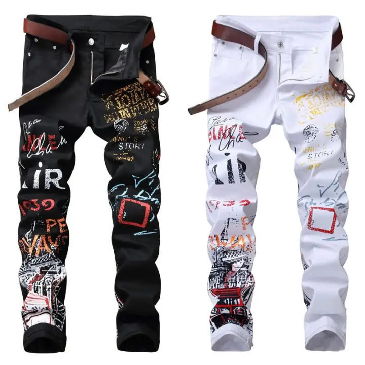 white printed jeans