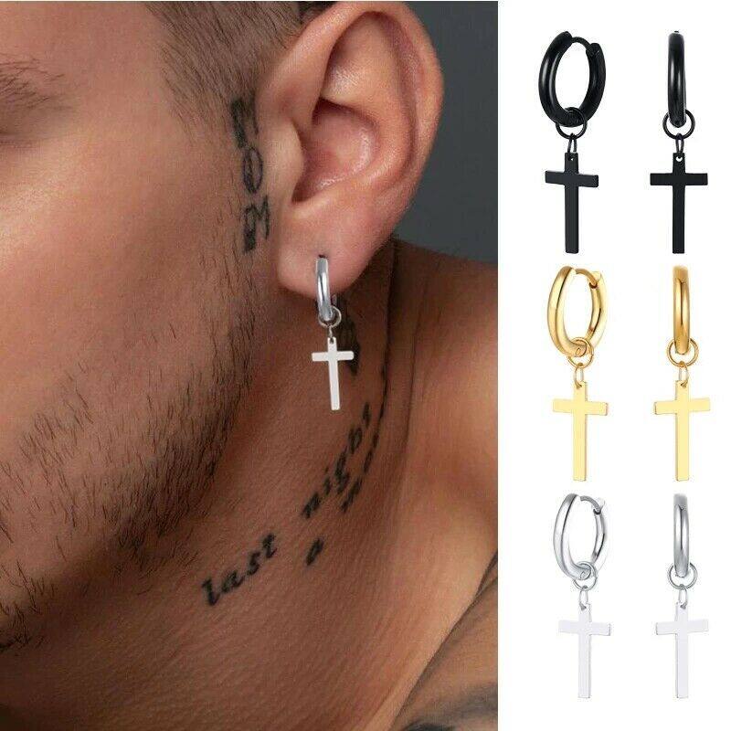 1pc Men Women Cross Hoop Stainless Steel Stud Drop Dangle Hanging Earring