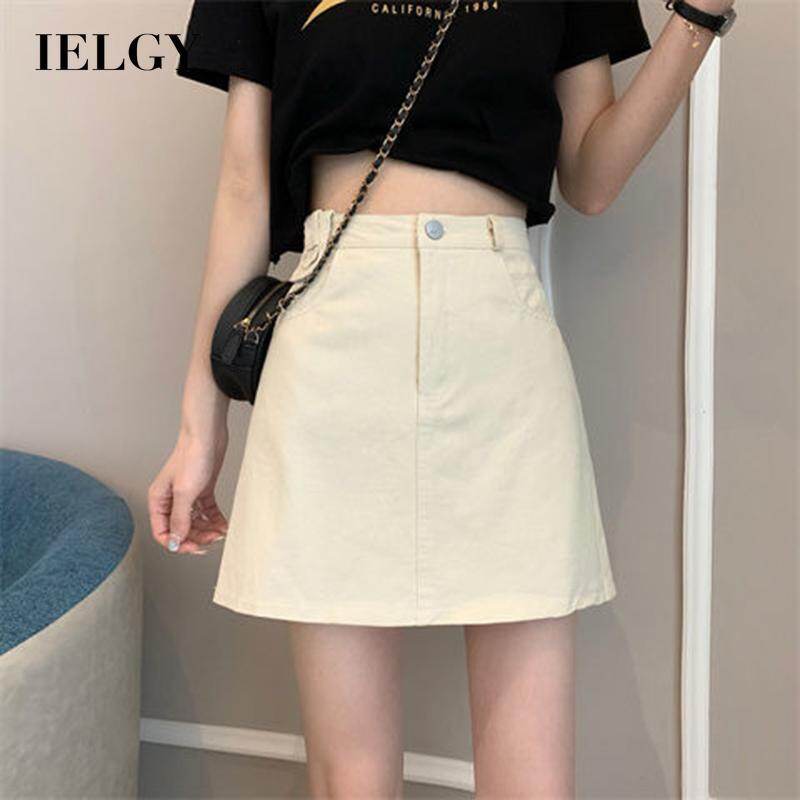 IELGY solid color denim skirt women's high waist A-line slim