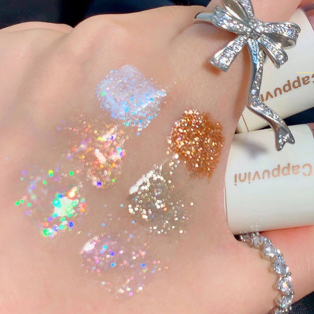 Cappuvini 6 Colors Liquid Eyeshadow Highlight Sequins Glitter Eye Shadow Pearlescent Lying Silkworm Waterproof Lasting Shiny Eye Cosmetic INS