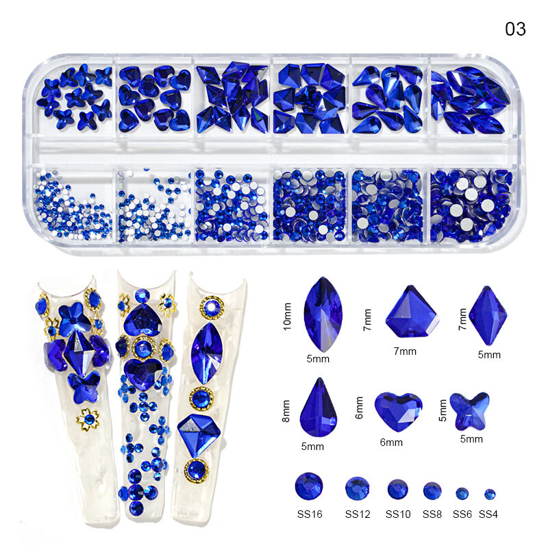 WOOLOVE 12 grid/box Colorful Nail Rhinestones 3D Sparkling Crystals Nail Art Strass Ornaments