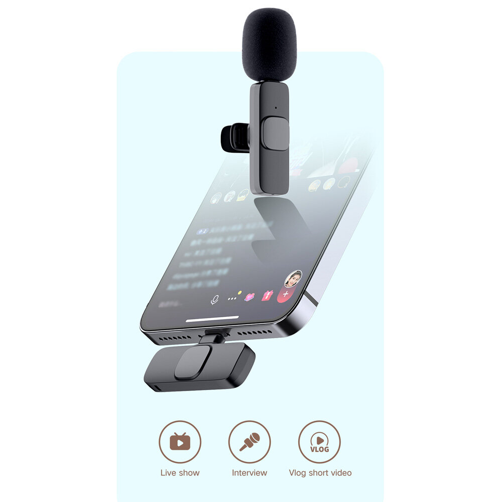 Andoer Mini Wireless Lavalier Microphone Clip-on Omnidirectional Mic Transmitter Receiver Microphone System with Wind Muff Type-C Port Replacement for Android Smartphone Live Stream Interview Recording Video Conference Online Teaching