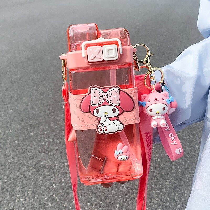 Cốc nước Sanrio hoạt hình có nắp bật lên Chai ống hút nhựa trẻ em hai bình đựng nước uống sáng tạo cốc vuông sinh viên cầm tay ngoài trời