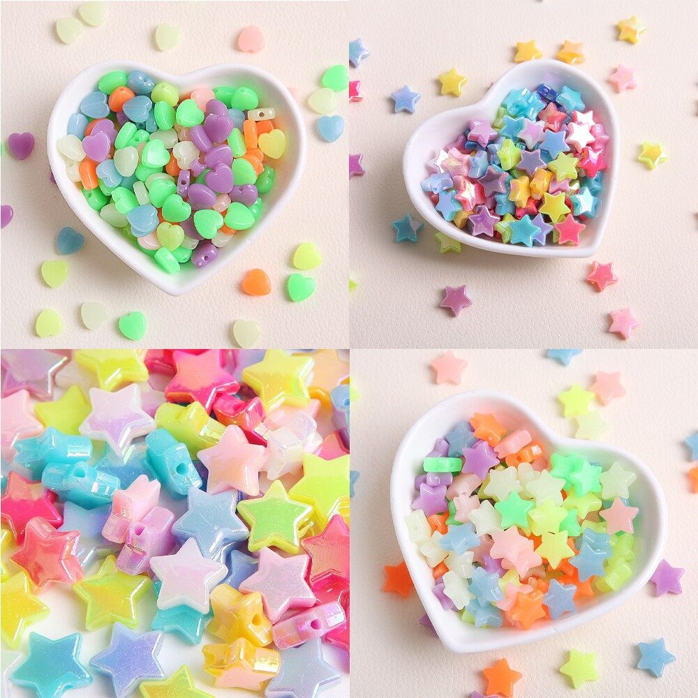 100Pcs Mixed Candy Color Acrylic Pentagram Love heart Beaded DIY ...