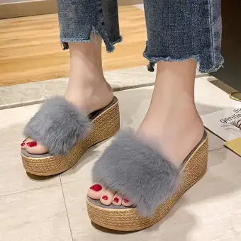 Tll Plush Vamp Peep Toe Wedges Comfort Soft Slides Women Slip On
