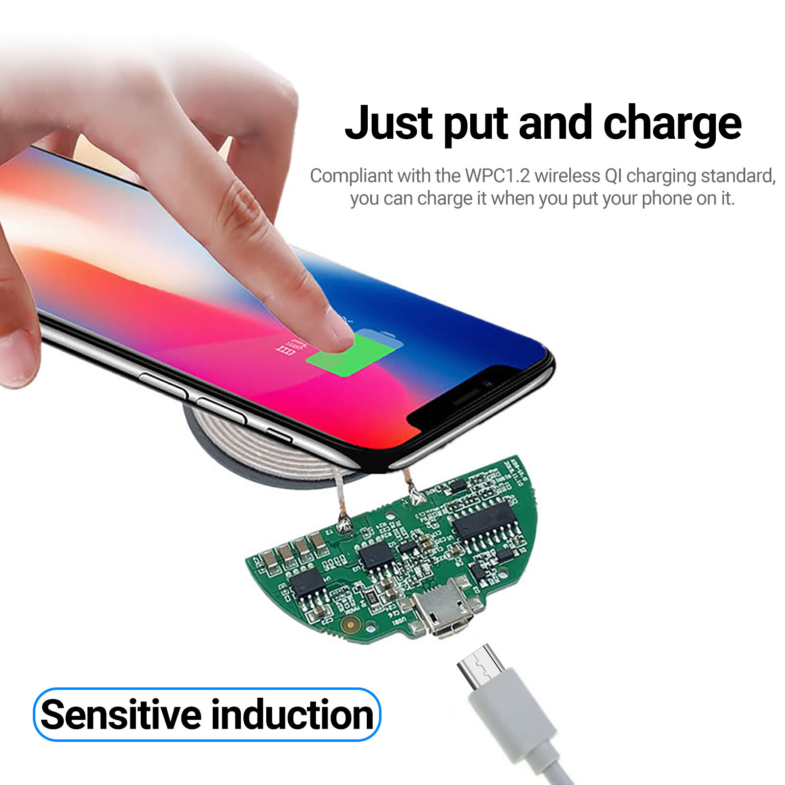 Wireless Charger Module Low Temperature Fast Charging Micro USB Port 10W Qi Wireless Charger Module Transmitter PCBA Circuit Board Coil DIY for Smartphone Convenient Mini Wireless