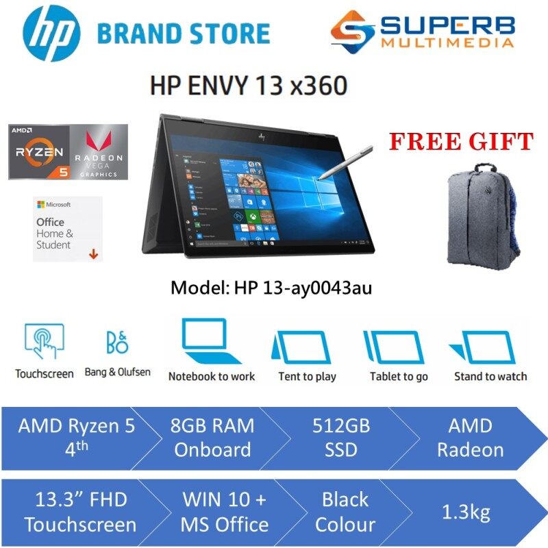 HP ENVY x360 - 13-ay0043au laptop (AMD Ryzen 5, 8GB Ram, 512GB SSD, Win10, OPI, Black) Malaysia
