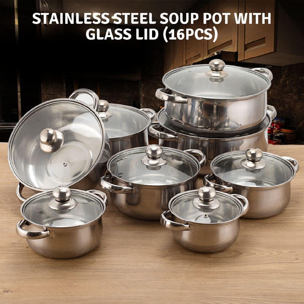 Ready Stok High Quality Cookware Stainless Steel Soup Pot With Glass Lid 16pcs Set Periuk Lazada