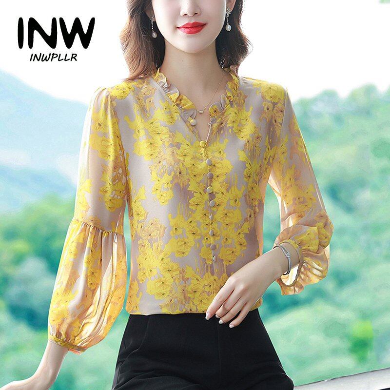 INWPLLR New Spring High-end Chiffon Blouse Woman Elegant Ruffled V-neck Floral Shirts Ladies Plus Size Long Sleeve Tops