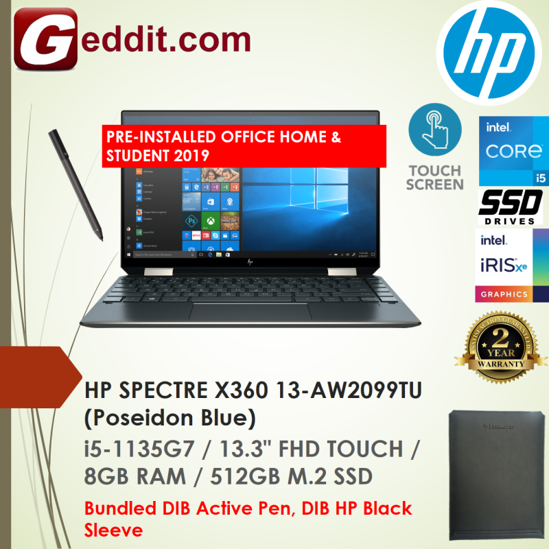 HP SPECTRE X360 13-AW2099TU LAPTOP (I5-1135G7,8GB,512GB SSD,13.3 FHD,IRIS XE GRAPHICS,WIN10) FREE SLEEVE + PRE-INSTALLED OFFICE H&S 2019 Malaysia