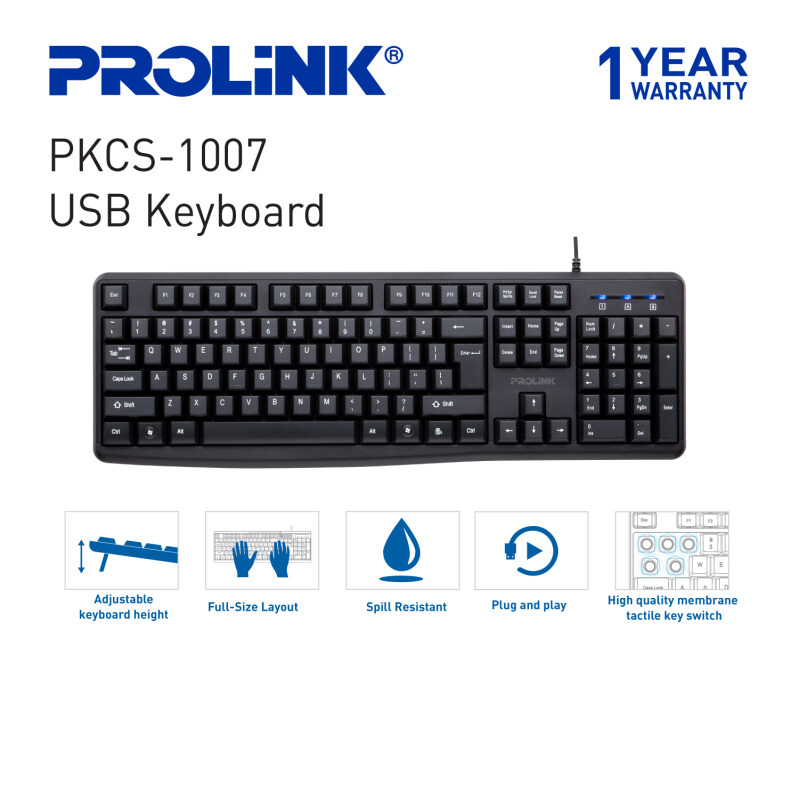 PROLiNK Plug and Play Classic Wired USB Keyboard Full-Size Spill Resistant PKCS1007 Malaysia