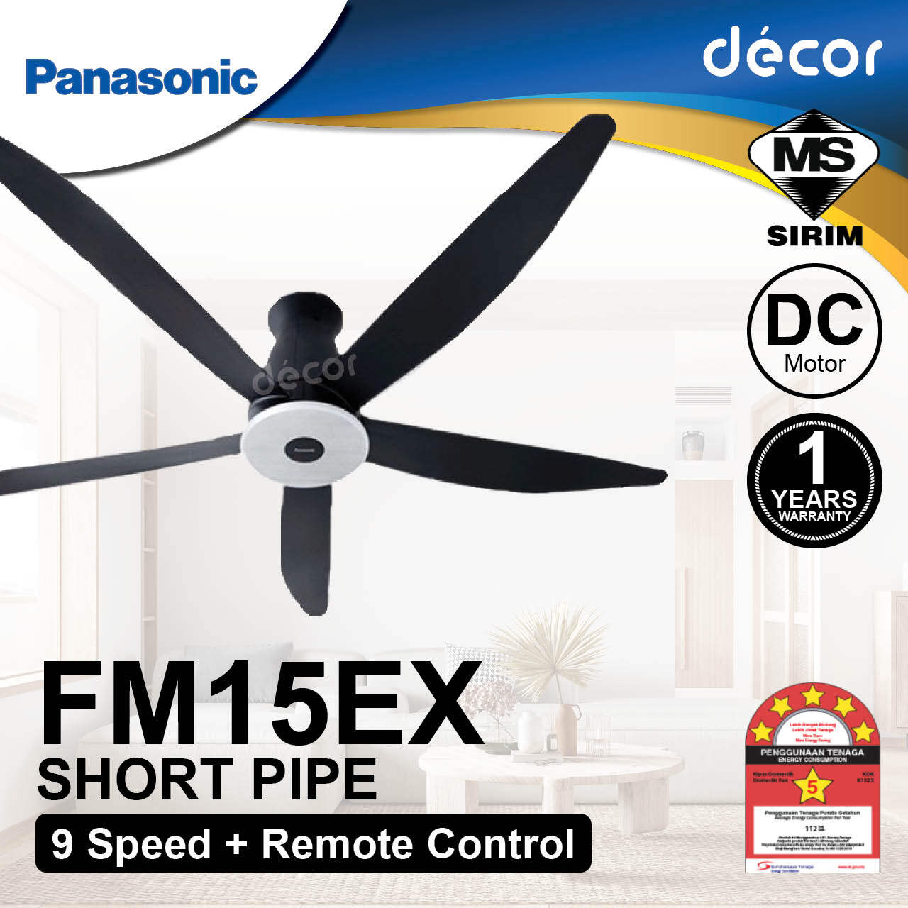 [NEW 2022] Panasonic Ceiling Fan FM15EXVBKQH/RH 60" DC Motor 9 Speeds Remote Control Kipas