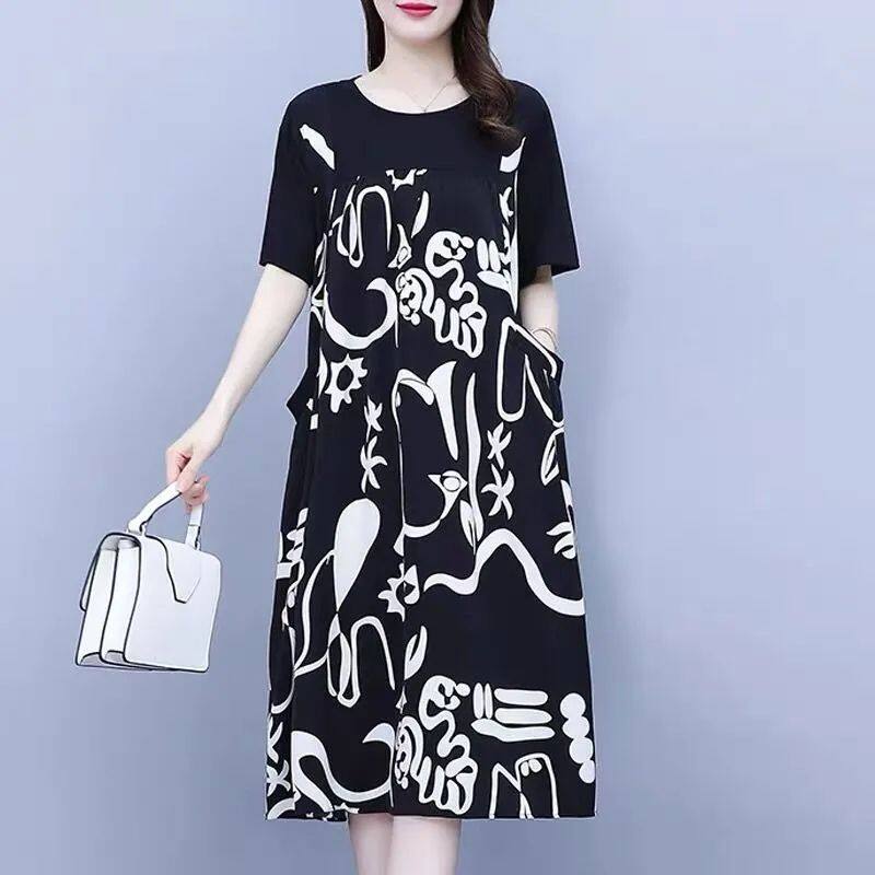 【Sw】 trung niên và người cao tuổi rộng vừa vặn màu đen và in trắng Ăn mặc