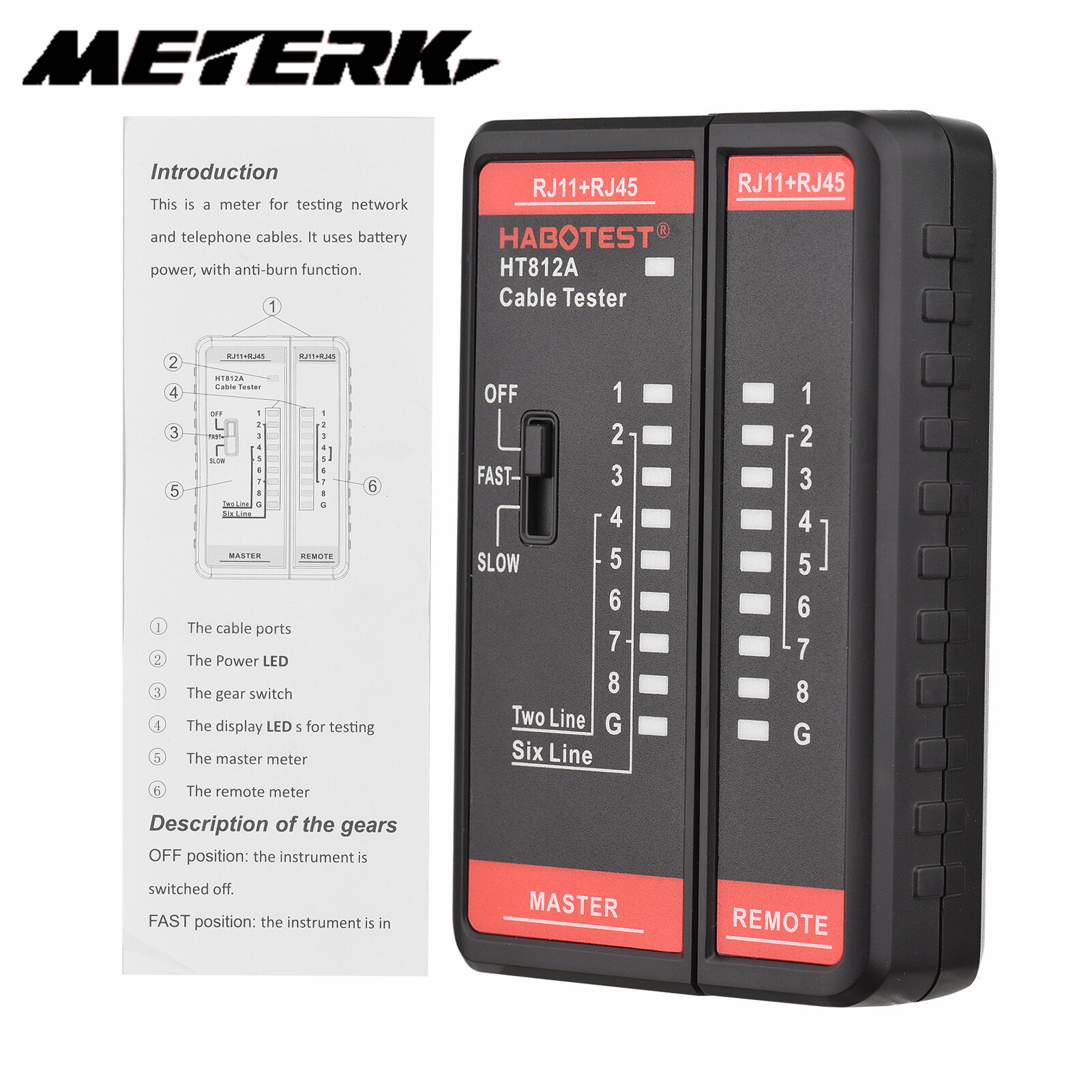 Meterk HABOTEST HT812A Network Cable Tester Wire Tracker Telephone Line Test Meter Telephone & Network Line Finder Multifunctional RJ11 RJ45 Tester 2P/4P/6P/8P Cable Recognize Meter for Network Maintenance