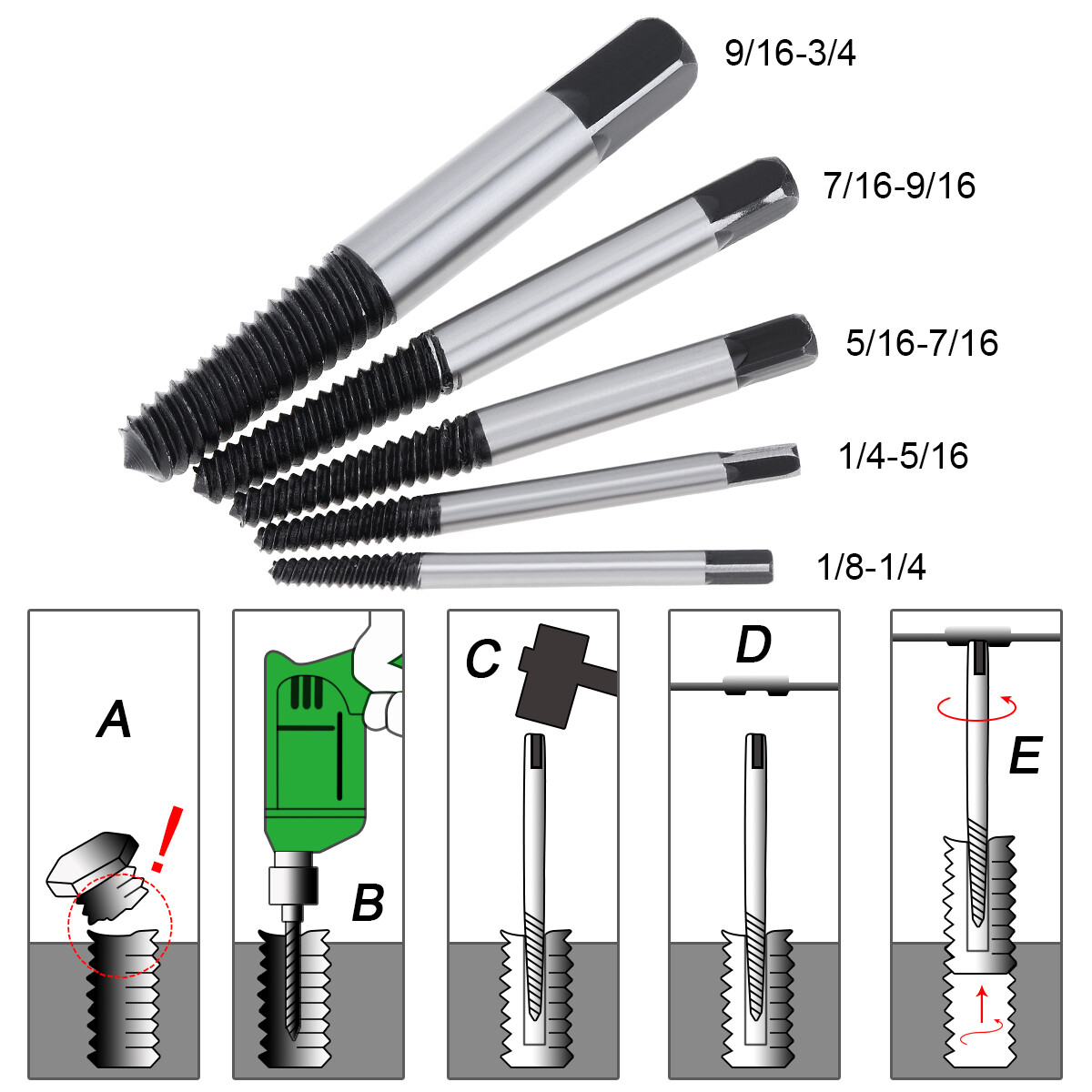 5Pcs Steel Damaged Broken Screw Extractor Easy Out Set Drill Bits Guide Broken Damaged Bolt Remover