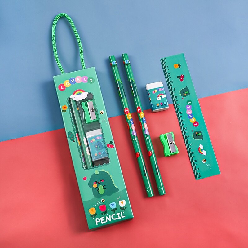 5 Pcs Boxed Lovely Cartoon Pencil&Eraser&Sharpener&Ruler Set Student Portable Stationery Set