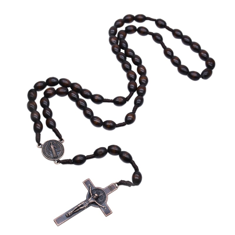 Fashion Jesus Wooden Prayer Beads Catholic Religious Wall Rosary Necklace Jewelry Gifts Sweater Chain Decor