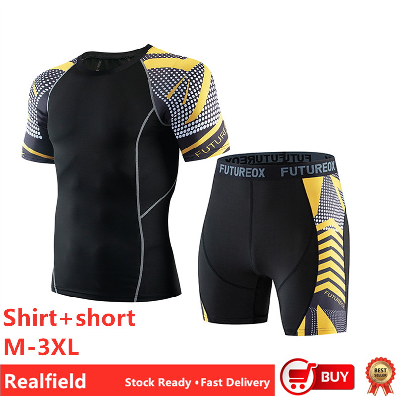 2024 Professional Compression Short Sleeve Round Collar Quick Dry Tights Elastic T-shirt Man Gym Fitness Running Sportswear Shirt and Shorts Men's Clothing