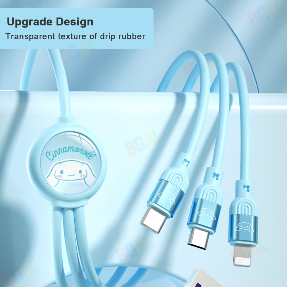 100% Authentic Sanrio Hello Kitty Accessories Melody 3 in 1 Charging Cable Cinnamoroll USB Cable Type C Lightning Cable Micro USB Cable Fast Charging for iOS and Android Smartphone Kuromi AQ1 SJ-726 AQ2