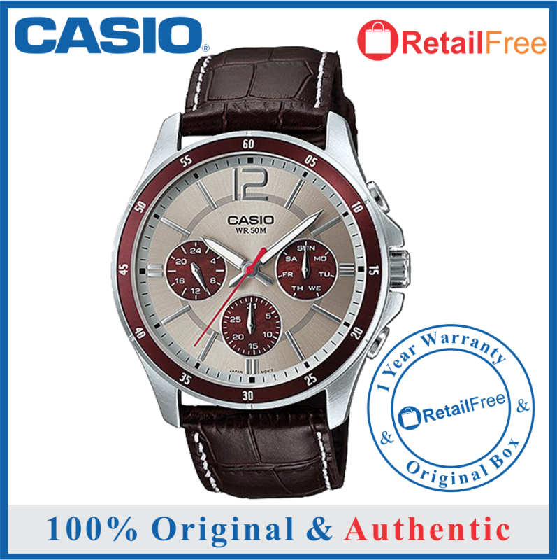 Casio 100% Original / 100% Authentic mens watch/ Casio watch men/ Casio watch for men/watch for man/watch for men Casio/ men watch / Jam tangan lelaki / Casio watch Casio MTP-1374L-7A1VDF Mens Multifunction Day Date BROWN Leather Watch Malaysia