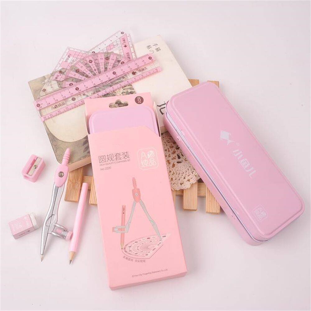 MMLUCK Back To School 8pcs/set Math Measuring Tool Eraser Iron Packaging For Students Compasses Set Straight Ruler Math Drawing Tool Geometry Protractor