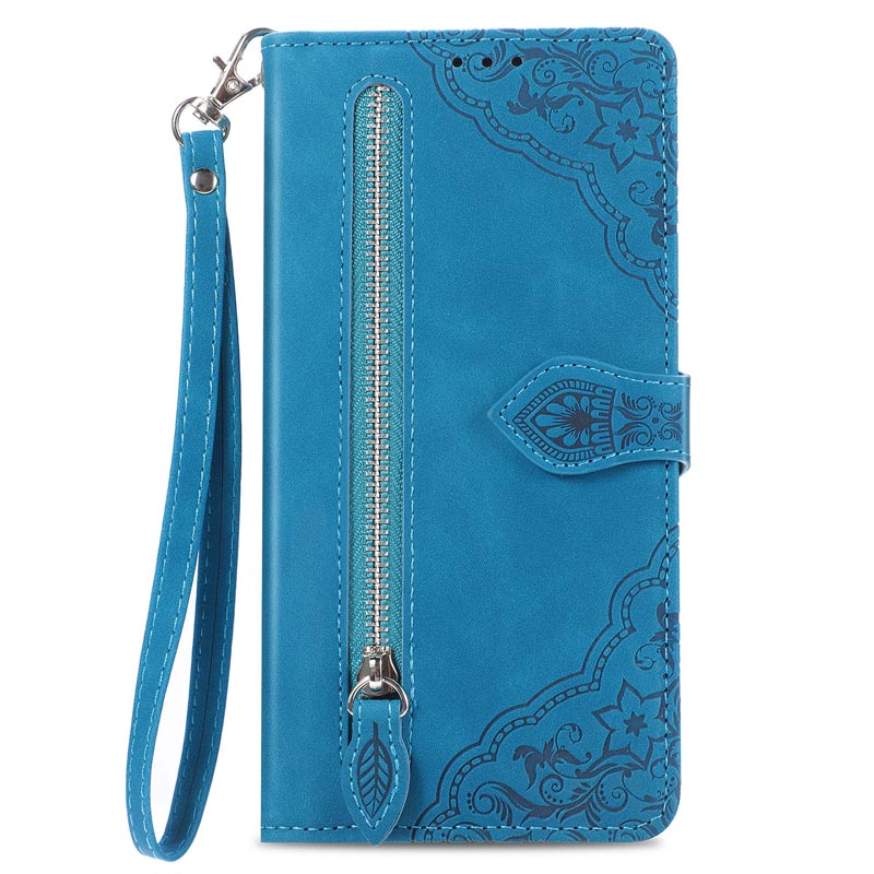 Case Compatible for iPhone XR XS Max 7 8 6 6s Plus Zipper Folio Wallet Fashion Embossed Women Girls Card Slot Wristlet Kickstand Shockproof Leather Flower Flip Phone Cover