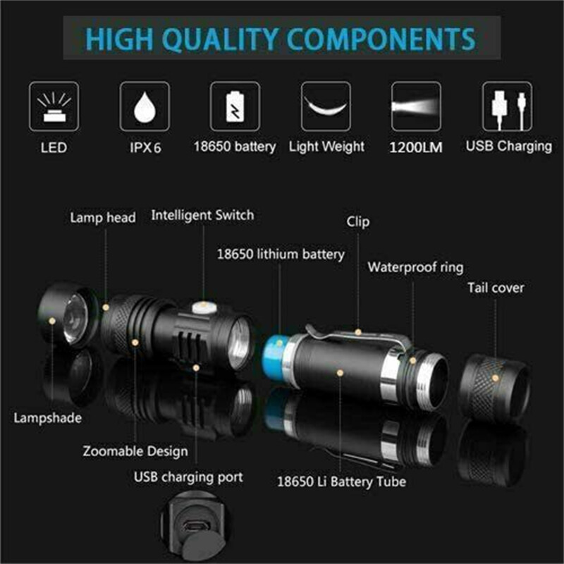 TH Led Tactical Flashlight 4 Modes Waterproof Zoomable Super Bright Usb Rechargeable Torch Hand Lantern