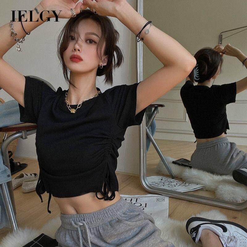 IELGY women's high waist cropped navel high-quality short-sleeved drawstring t-shirt