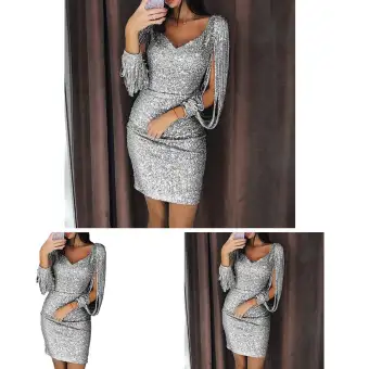 SYD# Women Sexy V-neck Slim Sequined 
