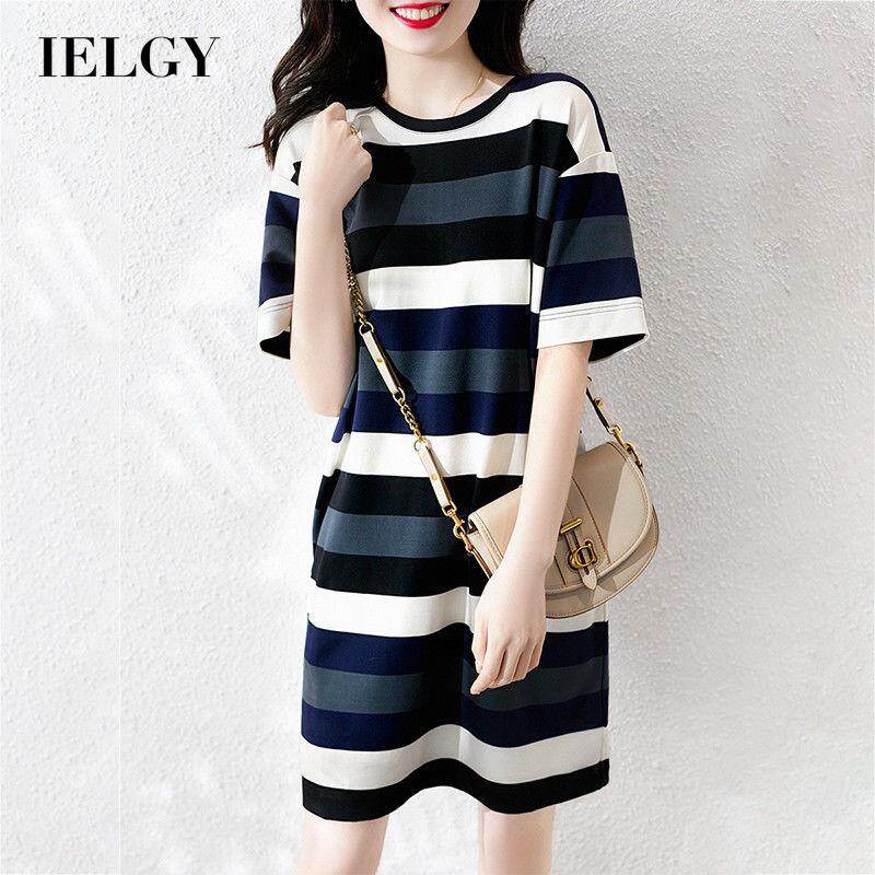 IELGY Round neck Dress Silm Striped Mid-length Short-sleeved Fashionable Loose T-shirt Korean version