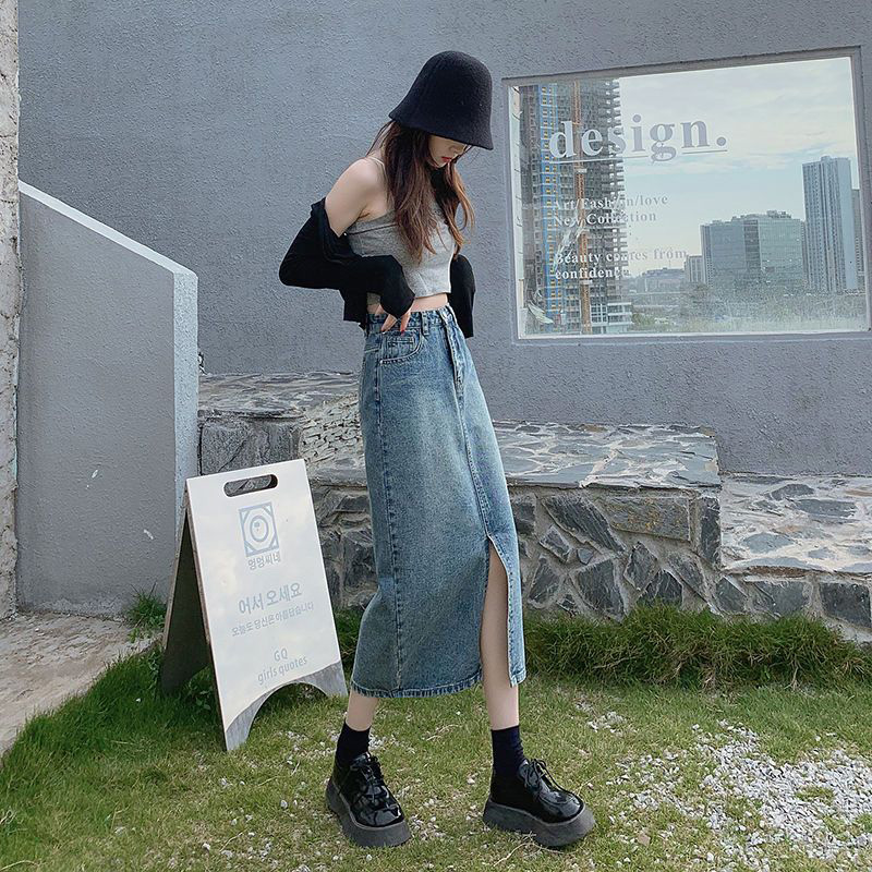 IELGY Chân Váy Denim Lửng Nữ