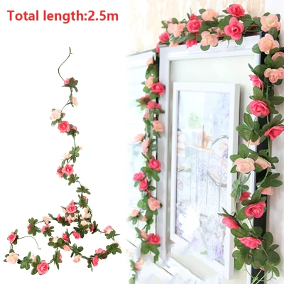 2.5M Silk Artificial Rose Vine Hanging Flowers For Wall Decoration Rattan Fake Plants Leaves Garland Romantic Wedding Home Decoration