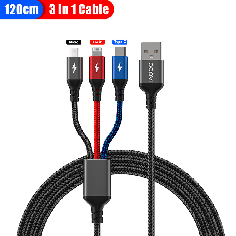 Qoovi 3 trong 1 cáp usb đa cổng 3a nhanh chóng sạc micro usb loại c sạc dây cho iphone samsung xiaomi điện thoại di động ban đầu nhanh chóng sạc cáp android