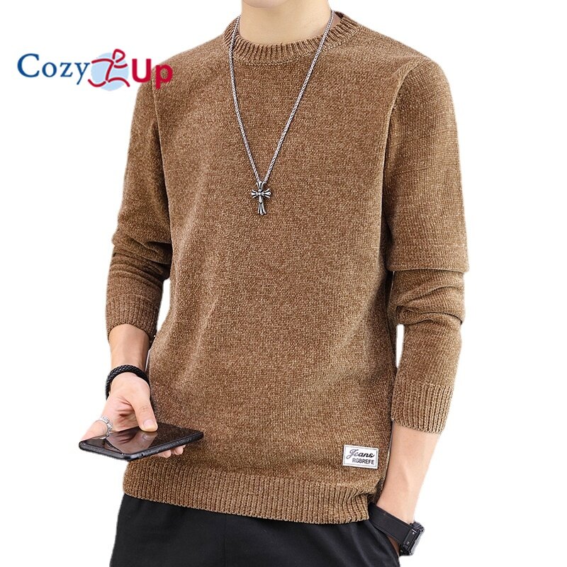 Cozy Up Men Long Sleeve Sweater Solid Color Slim Round Neck Plus Velvet Thick Knit Pullover