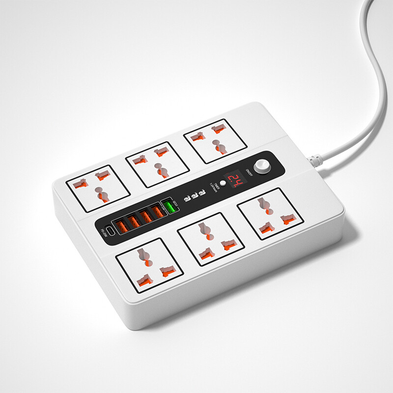 TOPZERO 3000W 6 Outlet Surge Protector 2 Meter Extension Cord Plug Power Strip Sockets With Digital display Function and PD 3.0 QC3.0 USB Port For Smartphone Tablets Home Office Hotel