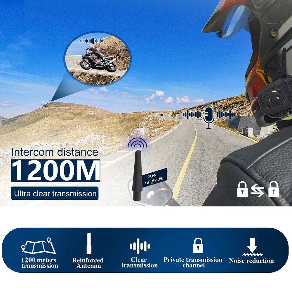 V6 Plus Bluetooth Motorcycle Helmet Intercom 1200M Headset for 6 Riders Waterproof BT Interphone Communicator