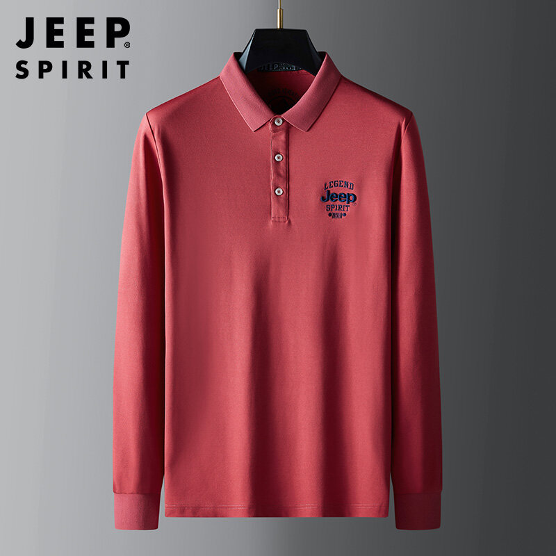 JEEP SPIRIT Men's Polo Shirt Loose Business Casual Long-sleeved T-shirt Trend New Embroidered T-shirt Lapel Black Polo Shirt