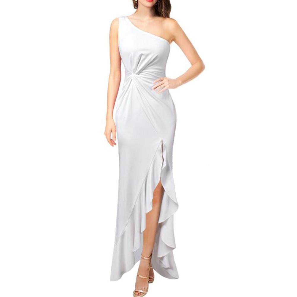 one shoulder twisted ruffles slit hem dress